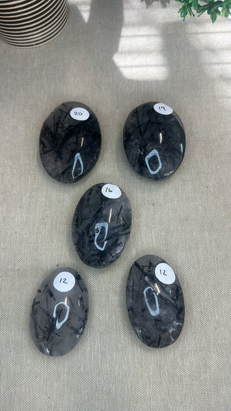 Black tourmaline in Quartz Palm stones