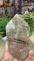 Black tourmaline in Quartz tower in custom stand