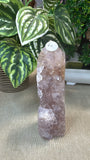 Pink amethyst and flower agate cluster tower
