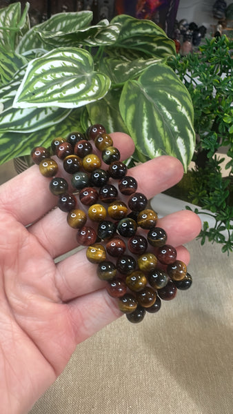 Yellow, red and blue tiger eye bracelets