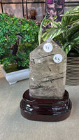 Black tourmaline in Quartz tower in custom stand