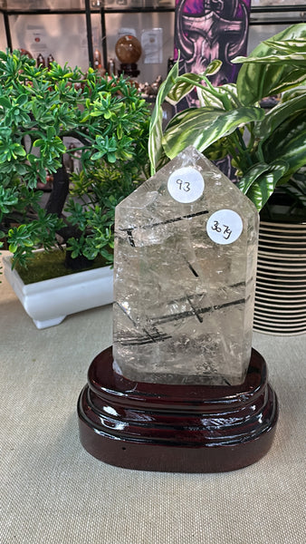Black tourmaline in Quartz tower in custom stand