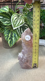 Pink amethyst and flower agate cluster tower