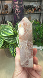 Pink amethyst and flower agate cluster tower