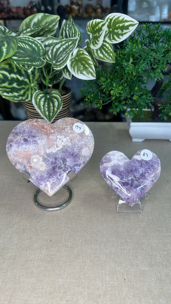 Pink Amethyst and Flower Agate hearts