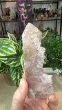 Pink amethyst and flower agate cluster tower