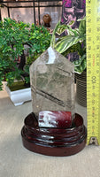 Black tourmaline in Quartz tower in custom stand