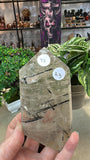 Black tourmaline in Quartz tower in custom stand
