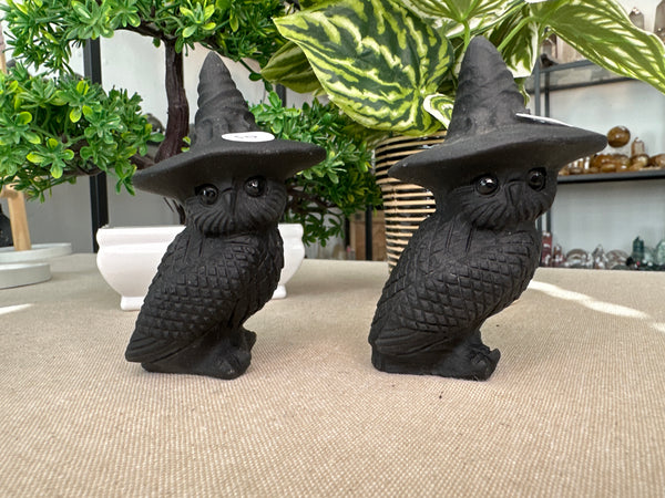 Obsidian Owl Carving with witch hat