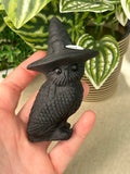 Obsidian Owl Carving with witch hat